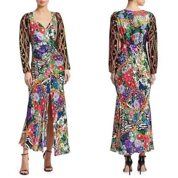 RIXO Dresses & Skirts - RIXO London Madonna Mixed Floral Chain Print Midi Dress Black Gold Red L